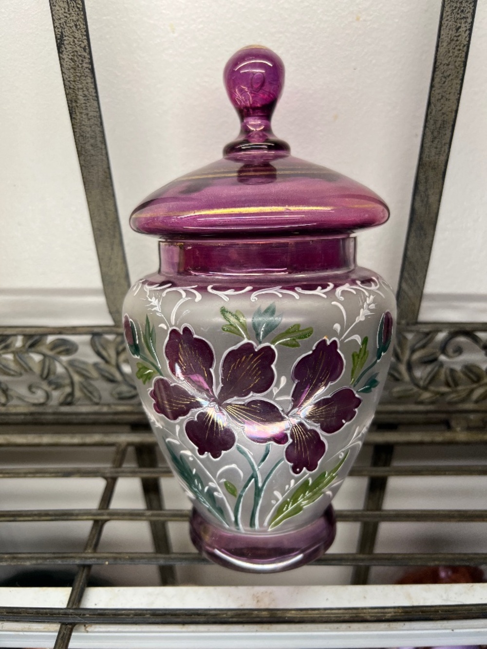 Vintage Cranberry Red Glass Vase Hand Painted Purple/Craberry color Floral w/lid